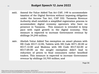 © Research ICT Solutions 2022
31
RIS Budget Speech 12 June 2022
https://www.mof.go.tz/uploads/documents/en-1655219417-
SPEECH%20OF%20GOVERNMENT%20BUDGET%20FOR%202022-23%20ENGLISH%20VERSION.pdf
Page 56
 
