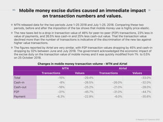 © Research ICT Solutions 2022
35
RIS
Mobile money excise duties caused an immediate impact
on transaction numbers and values.
MTN released data for the two periods June 1-25 2018 and July 1-25. 2018. Comparing these two
periods, before and after the imposition of the tax shows that mobile money use is highly price elastic.


The new taxes led to a drop in transaction value of 46% for peer-to-peer (P2P) transactions, 23% less in
value of payments, and 26.5% less cash-in and 25% less cash-out value. That the transaction value
declined more than the number of transactions is indicative of the discrimination of the new tax against
higher value transactions.


The figures reported by Airtel are very similar, with P2P transaction values dropping by 45% and cash-in
dropping by 32% between June and July 2018. The government acknowledged the economic impact of
the excise duty on the transaction value of mobile money and it was quickly modified from 1% to 0.5%
on 25 October 2018.
Changes in mobile money transaction volume - MTN and Airtel
MTN Airtel
Transactions Values Transactions Values
Total -15% -29.4% -33.0%
Cash-in -8% -26.5% -26.0% -32.0%
Cash-out -18% -25.2% -21.0% -28.0%
P2P -31% -45.7% -31.0% -44.7%
Payment -6.3% -22.9% -6.0% -35.6%
 