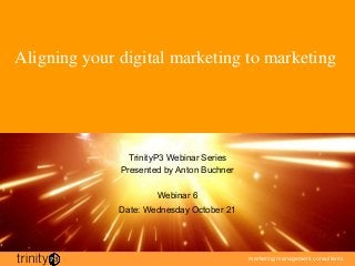 marketing management consultants
Aligning your digital marketing to marketing
TrinityP3 Webinar Series
Presented by Anton Buchner
Webinar 6
Date: Wednesday October 21
 