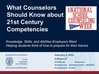What Counselors
Should Know about
21st Century
Competencies
February	
  3,	
  2016	
  
2:00	
  pm	
  ET	
  
#CEWEquity 	
  #counselors	
  
#collegeaccess	
  	
  	
  	
  #schoolcounselors	
  	
  	
  #NCSW16	
  
#competencies	
  	
  	
  #scchat 	
  	
  
	
  
Knowledge, Skills, and Abilities Employers Want
Helping students think of how to prepare for their futures
 
