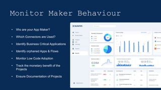 Monitor Maker Behaviour
• Who are your App Maker?
• Which Connectors are Used?
• Identify Business Critical Applications
• Identify orphaned Apps & Flows
• Monitor Low Code Adoption
• Track the monetary benefit of the
Projects
• Ensure Documentation of Projects
 