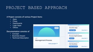 PROJECT BASED APPROACH
A Project consists of various Project Items
• Apps
• Flows
• Dashboards
• Logic Apps
• Others
Documentation consists of
• Concept
• Business Impact
• Technical Description
 