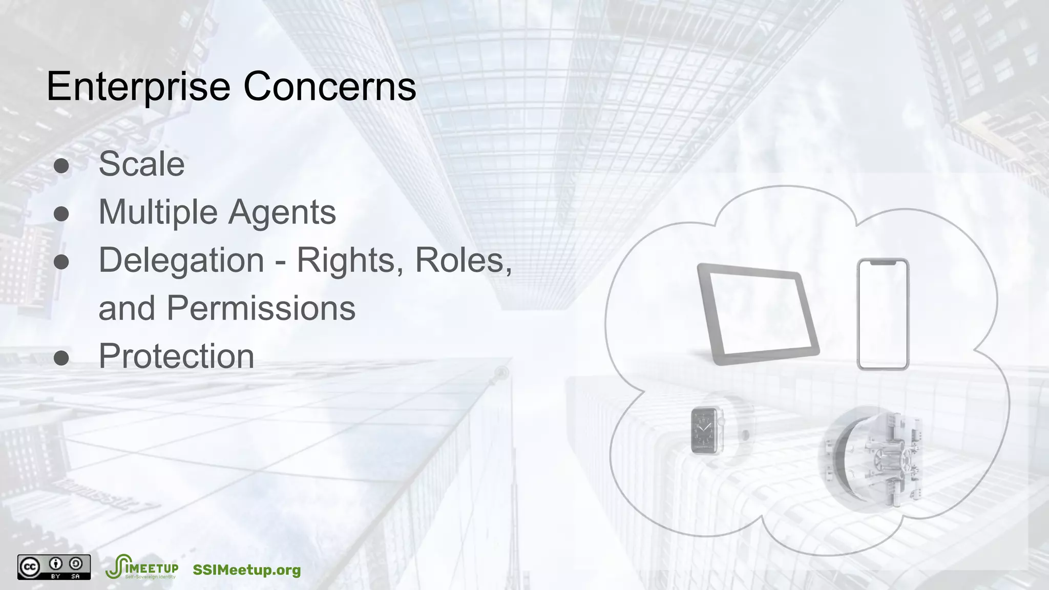 Enterprise Concerns
● Scale
● Multiple Agents
● Delegation - Rights, Roles,
and Permissions
● Protection
SSIMeetup.org
 