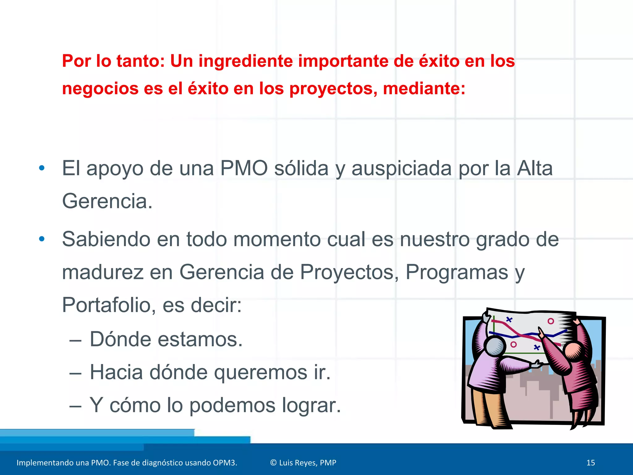 Implementando una PMO. Fase de diagnóstico usando OPM3. © Luis Reyes, PMP 15
Por lo tanto: Un ingrediente importante de éxito en los
negocios es el éxito en los proyectos, mediante:
• El apoyo de una PMO sólida y auspiciada por la Alta
Gerencia.
• Sabiendo en todo momento cual es nuestro grado de
madurez en Gerencia de Proyectos, Programas y
Portafolio, es decir:
– Dónde estamos.
– Hacia dónde queremos ir.
– Y cómo lo podemos lograr.
 