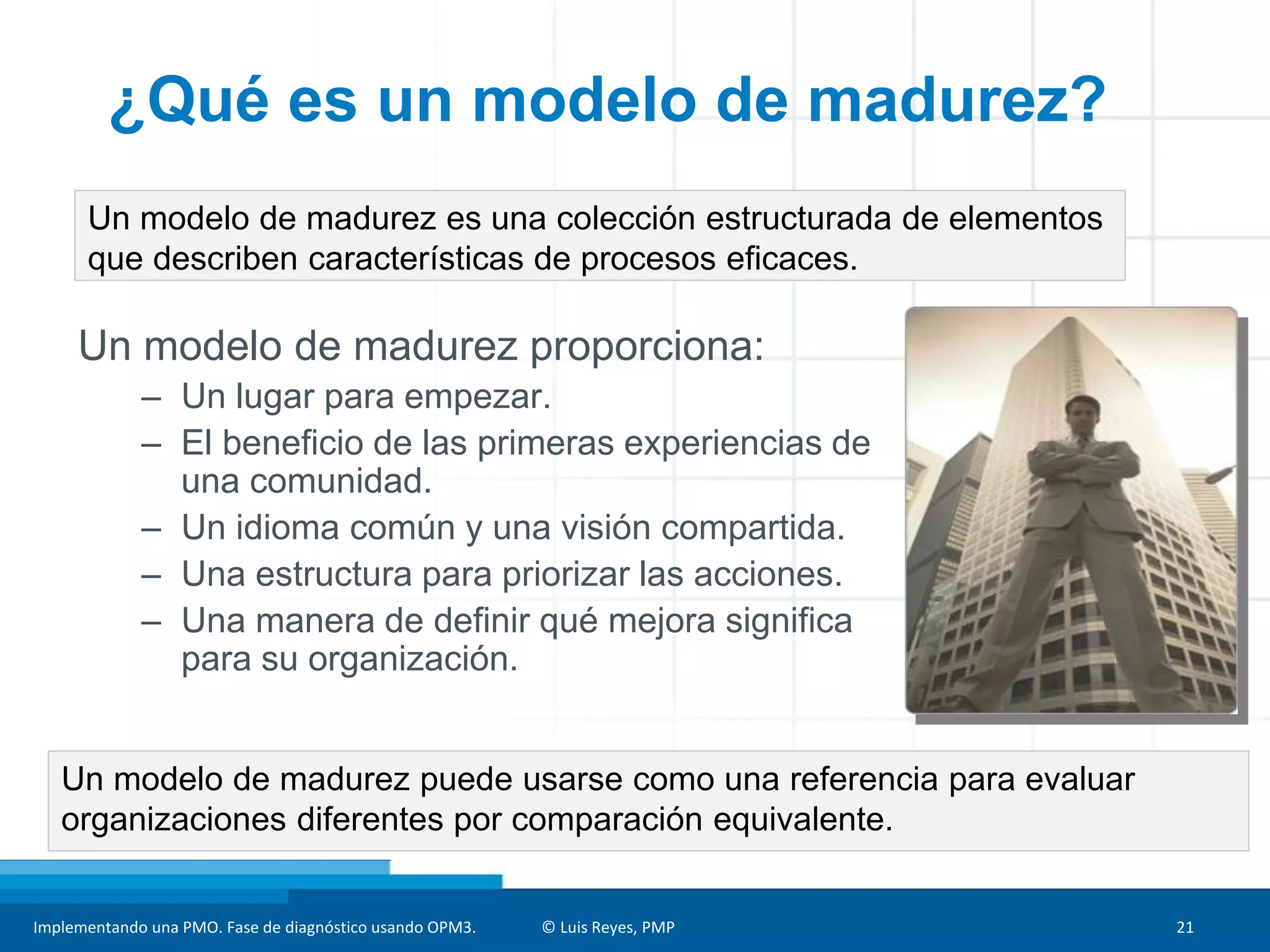 Implementando una PMO. Fase de diagnóstico usando OPM3. © Luis Reyes, PMP 21
Un modelo de madurez es una colección estructurada de elementos
que describen características de procesos eficaces.
¿Qué es un modelo de madurez?
Un modelo de madurez proporciona:
– Un lugar para empezar.
– El beneficio de las primeras experiencias de
una comunidad.
– Un idioma común y una visión compartida.
– Una estructura para priorizar las acciones.
– Una manera de definir qué mejora significa
para su organización.
Un modelo de madurez puede usarse como una referencia para evaluar
organizaciones diferentes por comparación equivalente.
 