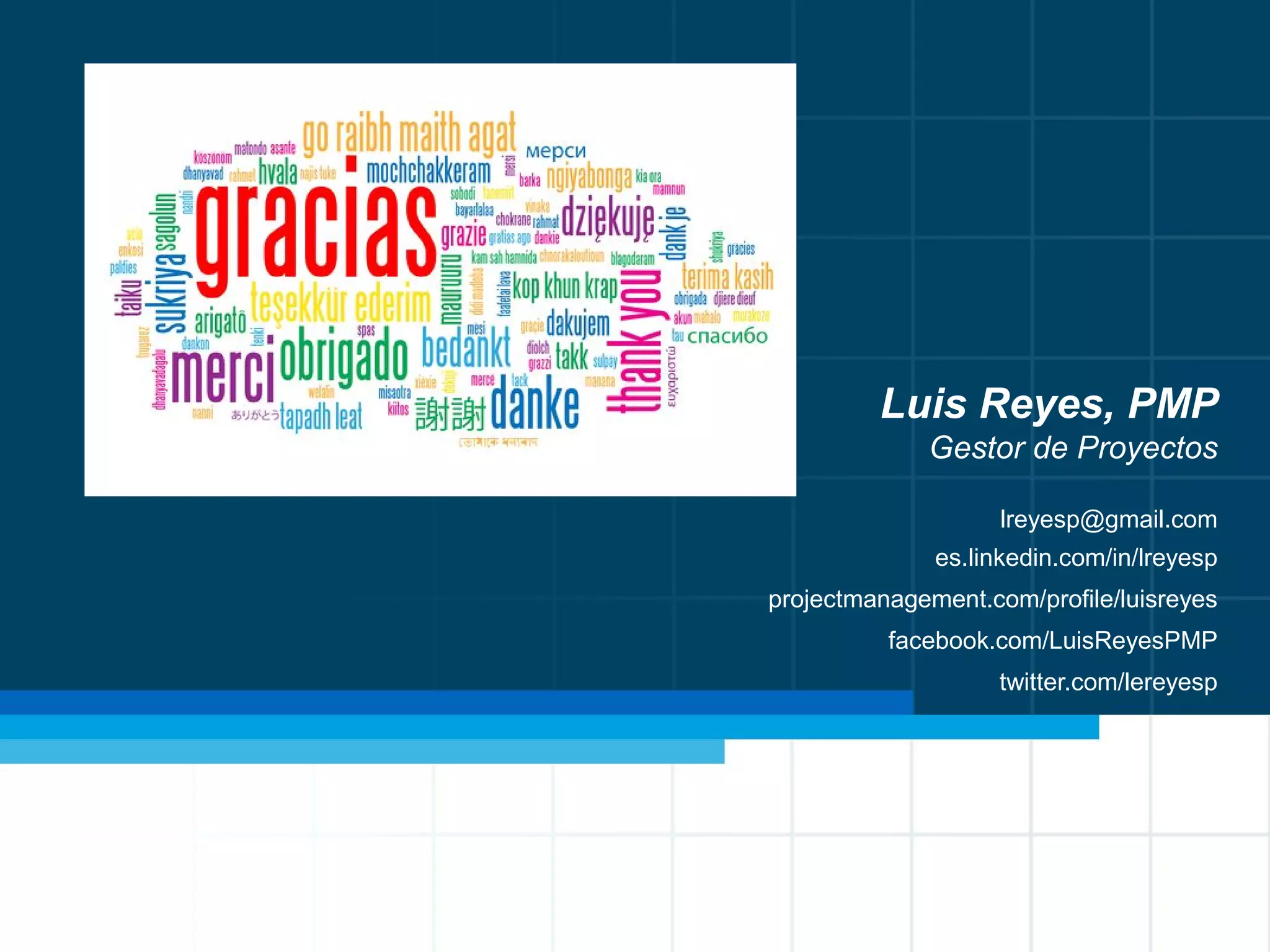 Implementando una PMO. Fase de diagnóstico usando OPM3. © Luis Reyes, PMP 46
Luis Reyes, PMP
Gestor de Proyectos
lreyesp@gmail.com
es.linkedin.com/in/lreyesp
projectmanagement.com/profile/luisreyes
facebook.com/LuisReyesPMP
twitter.com/lereyesp
 