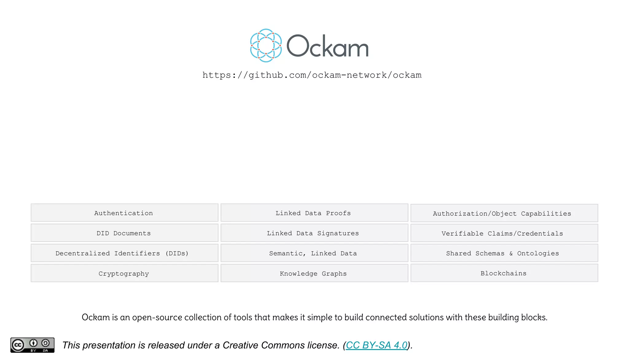 https://github.com/ockam-network/ockam
Decentralized Identifiers (DIDs)
Knowledge Graphs
Semantic, Linked Data
Linked Data Signatures
Linked Data Proofs
Cryptography
DID Documents Verifiable Claims/Credentials
Authorization/Object CapabilitiesAuthentication
Shared Schemas & Ontologies
Blockchains
Ockam is an open-source collection of tools that makes it simple to build connected solutions with these building blocks.
This presentation is released under a Creative Commons license. (CC BY-SA 4.0).
 