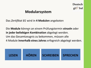 Modularsystem
f
Das Zertifikat B1 wird in 4 Modulen angeboten
Die Module können an einem Prüfungstermin einzeln oder
in jeder beliebigen Kombination abgelegt werden.
Um das Gesamtzeugnis zu bekommen, müssen alle
4 Module innerhalb eines Jahres erfogreich abgelegt werden.
LESEN HÖREN SCHREIBEN SPRECHEN
 