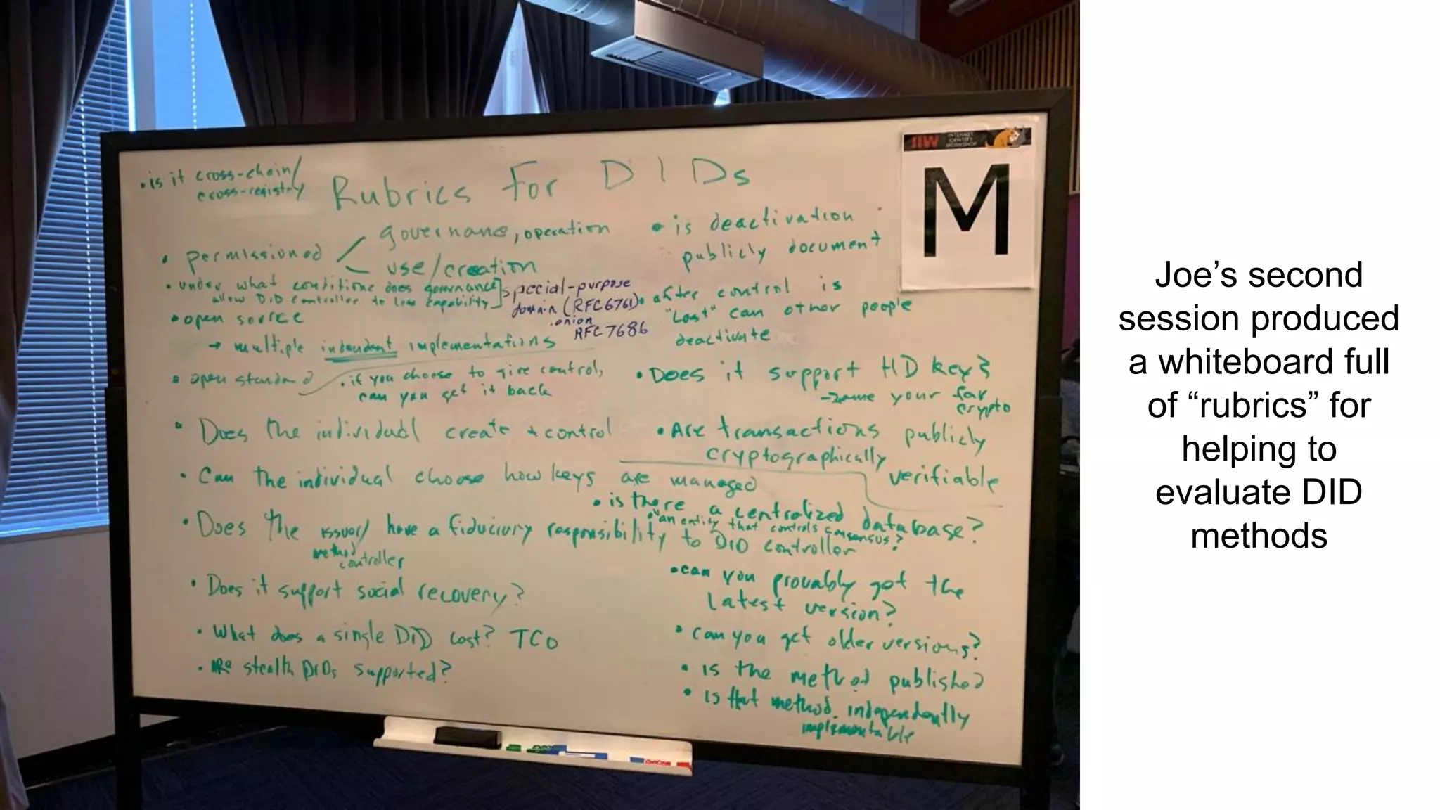 Joe’s second
session produced
a whiteboard full
of “rubrics” for
helping to
evaluate DID
methods
 