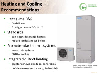 © OECD/IEA 2013
Heating and Cooling
Recommendations
 Heat pump R&D
• Cold climate
• Small gas thermal COP > 1.2
 Standards
• ban electric resistance heaters
• require condensing gas boilers
 Promote solar thermal systems
• lower costs systems
• R&D for cooling
 Integrated district heating
• greater renewables & co-generation
• policies across sectors (e.g. industrial)
Source: Heat Pump & Thermal Storage
Technology Centre of Japan, 2013.
 