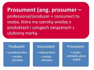 Prosument (ang. prosumer –
professional/producer + consumer) to
osoba, która ma szeroką wiedzę o
produktach i usługach związanych z
ulubioną marką.
 