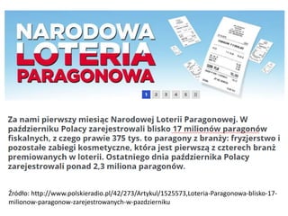 Źródło: http://www.polskieradio.pl/42/273/Artykul/1525573,Loteria-Paragonowa-blisko-17-
milionow-paragonow-zarejestrowanych-w-pazdzierniku
 