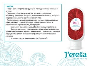 ANGEL
«Крем-бальзам регенерирующий при царапинах, синяках и
отеках»
Содержит: облепиховое масло, экстракт календулы,  
мочевину, пантенол, экстракт живокоста (окопника), экстракт
подорожника, эфирное масло эвкалипта.
Рекомендован:  для использования в случаях травмирования
кожи и мягких тканей: ссадины, ушибы, синяки, ожоги
(солнечные и термические), потертости.
	 - оказывает заживляющее, обезболивающее действие;
	 - быстро заживляет повреждения кожи, обеспечивая при
этом косметический эффект заживления - уменьшает болевые
ощущения и отеки, связанные с травмированием кожного
покрова;
	 - ускоряет рассасывание гематом (синяков).
 