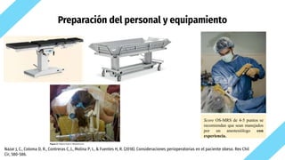 Preparación del personal y equipamiento
Nazar J, C., Coloma D, R., Contreras C, J., Molina P, I., & Fuentes H, R. (2018). Consideraciones perioperatorias en el paciente obeso. Rev Chil
Cir, 580-586.
Score OS-MRS de 4-5 puntos se
recomiendan que sean manejados
por un anestesiólogo con
experiencia.