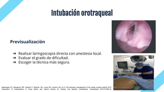 Previsualización
Intubación orotraqueal
➔ Realizar laringoscopia directa con anestesia local.
➔ Evaluar el grado de dificultad.
➔ Escoger la técnica más segura.
Nightingale CE, Margarson MP, Shearer E, Redman JW, Lucas DN, Cousins JM, et al. Peri-operative management of the obese surgical patient 2015:
Association of Anaesthetists of Great Britain and Ireland Society for Obesity and Bariatric Anaesthesia. Anaesthesia 2015;70:859-76.