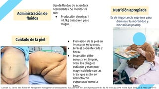 25%
● Evaluación de la piel en
intervalos frecuentes.
● Girar al paciente cada 2
horas.
● Inspección debe
consistir en limpiar,
secar los pliegues
cutáneos y mantener
mayor cuidado con las
áreas que están en
contacto con
estructuras como la
cama.
Es de importancia suprema para
disminuir la morbilidad y
mortalidad postOp
Administración de
fluidos
Uso de fluidos de acuerdo a
necesidades. Se monitoriza
con:
● Producción de orina: 1
mL/kg basada en peso
magro.
Cuidado de la piel
Nutrición apropiada
Leonard KL, Davies SW, Waibel BH. Perioperative management of obese patients. Surg Clin North Am. 2015 Apr;95(2):379-90. doi: 10.1016/j.suc.2014.10.008. Epub 2015 Jan 9. PMID: 25814113.
 