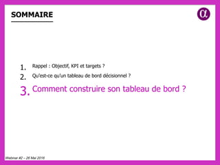 SOMMAIRE
1.  Rappel : Objectif, KPI et targets ?
2.  Qu’est-ce qu’un tableau de bord décisionnel ?
3. Comment construire son tableau de bord ?
Webinar #2 – 26 Mai 2016
 