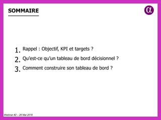SOMMAIRE
1. Rappel : Objectif, KPI et targets ?
2. Qu’est-ce qu’un tableau de bord décisionnel ?
3. Comment construire son tableau de bord ?
Webinar #2 – 26 Mai 2016
 