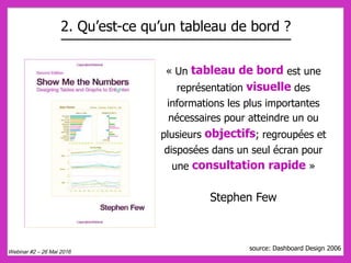 
	
  
	
  
	
  
« Un tableau de bord est une
représentation visuelle des
informations les plus importantes
nécessaires pour atteindre un ou
plusieurs objectifs; regroupées et
disposées dans un seul écran pour
une consultation rapide »
Stephen Few
source: Dashboard Design 2006
2. Qu’est-ce qu’un tableau de bord ?
Webinar #2 – 26 Mai 2016
 