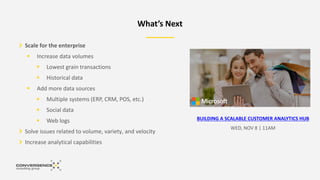 What’s Next
Scale for the enterprise
 Increase data volumes
 Lowest grain transactions
 Historical data
 Add more data sources
 Multiple systems (ERP, CRM, POS, etc.)
 Social data
 Web logs
Solve issues related to volume, variety, and velocity
Increase analytical capabilities
BUILDING A SCALABLE CUSTOMER ANALYTICS HUB
WED, NOV 8 | 11AM
 