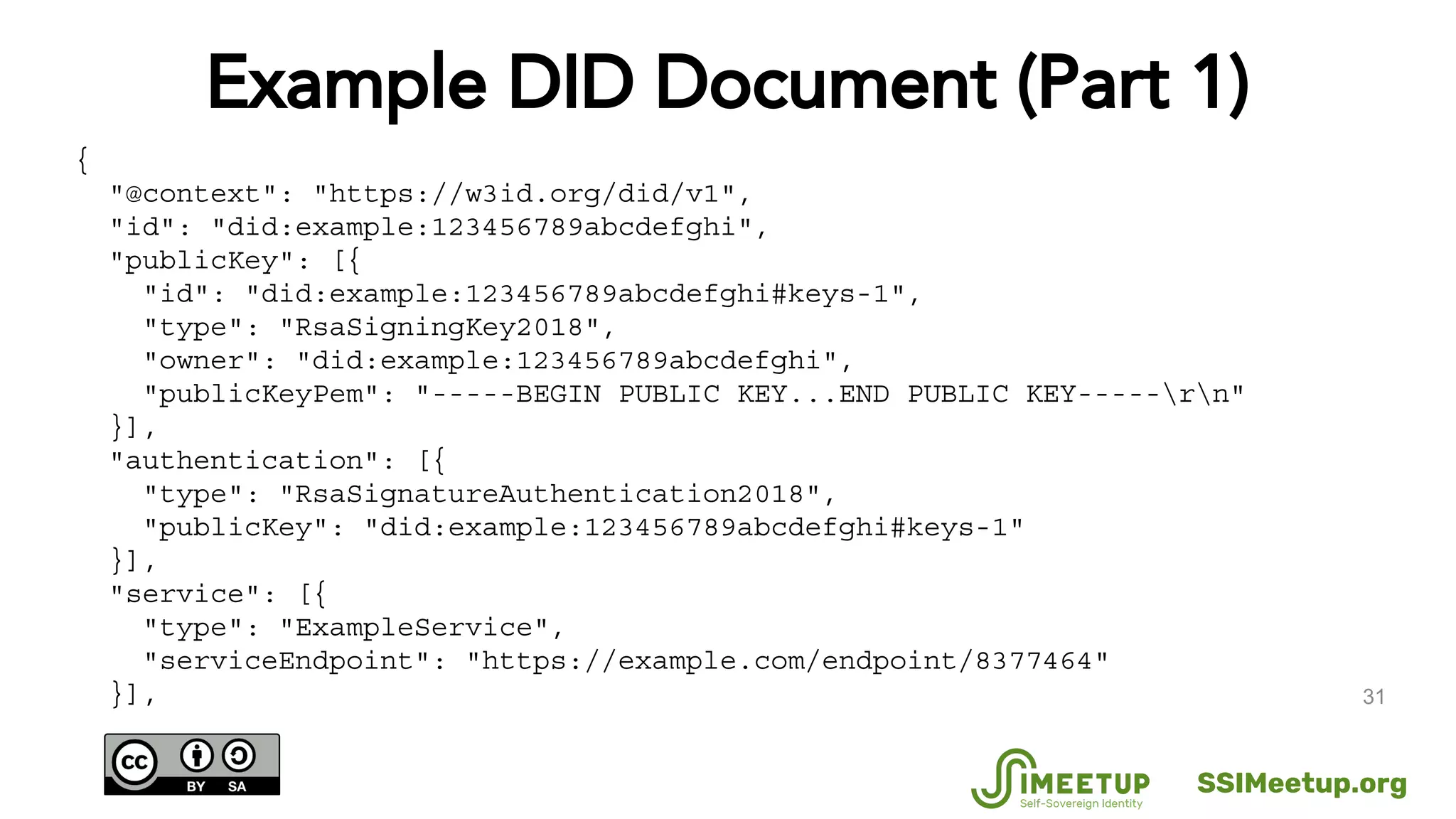 {
"@context": "https://w3id.org/did/v1",
"id": "did:example:123456789abcdefghi",
"publicKey": [{
"id": "did:example:123456789abcdefghi#keys-1",
"type": "RsaSigningKey2018",
"owner": "did:example:123456789abcdefghi",
"publicKeyPem": "-----BEGIN PUBLIC KEY...END PUBLIC KEY-----rn"
}],
"authentication": [{
"type": "RsaSignatureAuthentication2018",
"publicKey": "did:example:123456789abcdefghi#keys-1"
}],
"service": [{
"type": "ExampleService",
"serviceEndpoint": "https://example.com/endpoint/8377464"
}],
Example DID Document (Part 1)
31
SSIMeetup.org
 