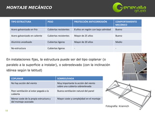 MONTAJE MECÁNICO


     TIPO ESTRUCTURA                    PESO                     PROTECCIÓN ANTICORROSIÓN              COMPORTAMIENTO
                                                                                                       MECÁNICO
     Acero galvanizado en frio          Cubiertas resistentes    8 años en región con baja salinidad   Bueno

     Acero galvanizado en caliente      Cubiertas resistentes    Mayor de 25 años                      Bueno

     Aluminio anodizado                 Cubiertas ligeras        Mayor de 20 años                      Medio

     No-estructura                      Cubiertas ligeras        -                                     -



En instalaciones fijas, la estructura puede ser del tipo coplanar (o
paralelo a la superficie a instalar), o sobreelevado (con la inclinación
idónea según la latitud)

     COPLANAR                                    SOBREELEVADA
     No hay acción del viento                    Muy importante la acción del viento
                                                 sobre una cubierta sobreelevada
     Peor ventilación al estar pegada a la       Buena ventilación natural del panel
     cubierta
     Menor coste de la propia estructura y       Mayor coste y complejidad en el montaje
     del montaje asociado
                                                                                               Fotografía: Krannich

11
 
