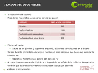 TEJADOS FOTOVOLTAICOS


    Cargas sobre la cubierta
    Peso de los materiales (peso aprox por m2 de panel)

                 ELEMENTO                           PESO APROX X M2 PANEL FV

                 Estructura                                    2KG

                 Paneles cristalinos                          15KG

                 Panel vidrio-vidrio capa delgada             22KG

                 Panel capa delgada sobre lámina               6KG


    Efecto del viento
          Altura de los paneles y superficie expuesta, esto debe ser calculado en el diseño
    Cargas durante el montaje, durante el montaje el peso adicional que tiene que soportar la
     cubierta es:
          Operarios, herramientas, pallets con paneles FV
    Accesos: Los accesos se distribuirán a lo largo de la superficie de la cubierta, los operarios
     tendrán que estar seguros y tendrán que poder subir/bajar pequeño

15   material o herramientas
 