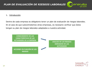 PLAN DE EVALUACIÓN DE RIESGOS LABORALES



     1. Introducción


     Dentro de cada empresa es obligatorio tener un plan de evaluación de riesgos laborales.
     En el caso de que subcontratemos otras empresas, es necesario verificar que éstos
     tengan su plan de riesgos laborales adaptados a nuestra actividad.



                CONOCIMIENTO DE LAS
               CARACTERÍSTICAS DE LAS
             ACTIVIDADES DE LA EMPRESA
                                                       ANALISIS DE LOS RIESGOS
                                                         DERIVADOS DE LAS
                                                            ACTIVIDADES
             ACCIONES EN FUNCIÓN DE LOS
                      RIESGOS




37
 