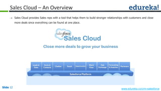 Slide 12 www.edureka.co/crm-salesforceSlide 12
Sales Cloud – An Overview
 Sales Cloud provides Sales reps with a tool that helps them to build stronger relationships with customers and close
more deals since everything can be found at one place.
 