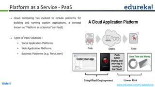 Slide 9 www.edureka.co/crm-salesforceSlide 9
Platform as a Service - PaaS
 Cloud computing has evolved to include platforms for
building and running custom applications, a concept
known as “Platform as a Service” (or PaaS)
 Types of PaaS Solutions :
» Social Application Platforms
» Web Application Platforms
» Business Platforms (e.g. Force.com)
Simplified Deployment Lower Risk
 