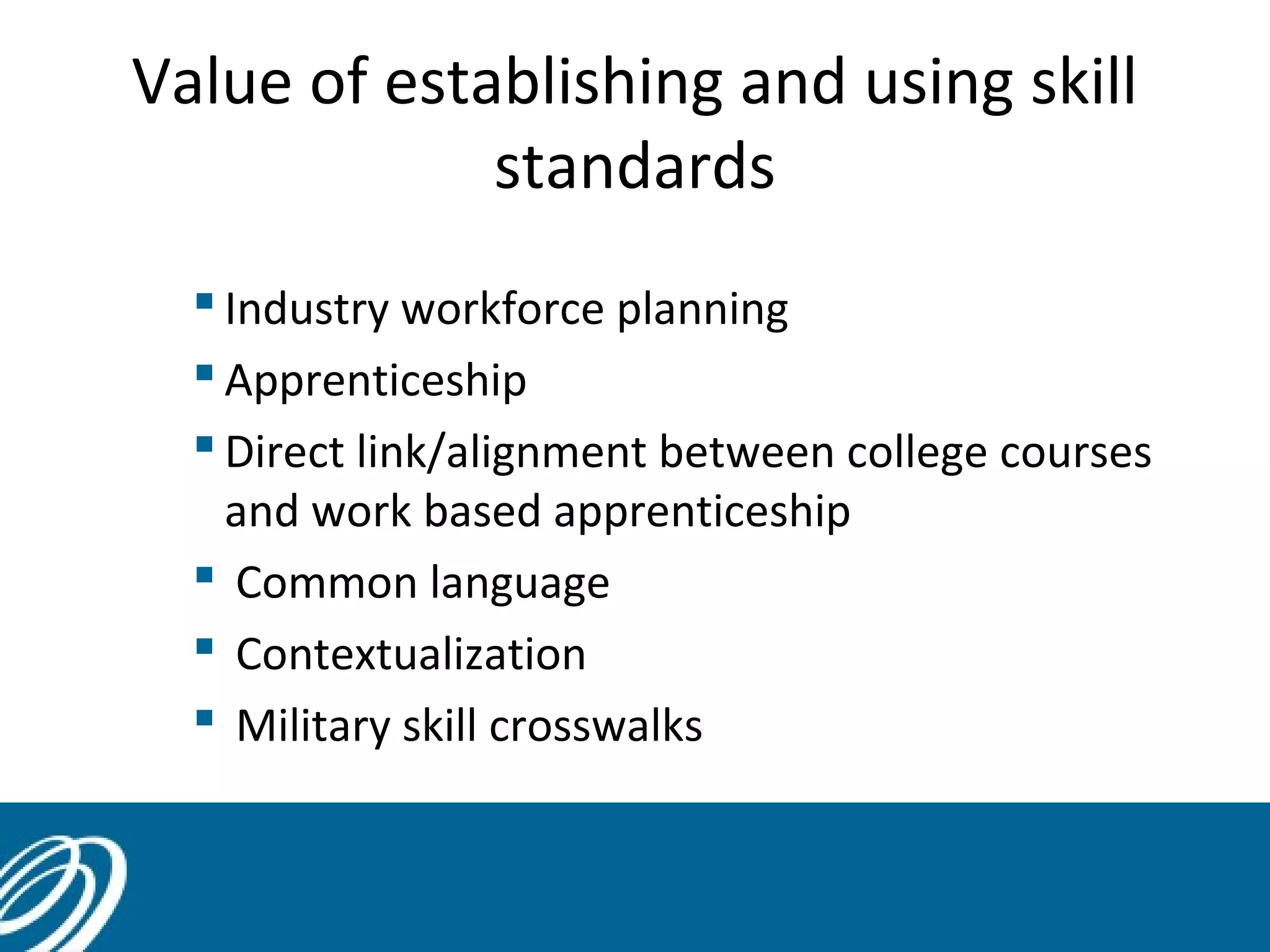 Value of establishing and using skill
standards
 Industry workforce planning
 Apprenticeship
 Direct link/alignment between college courses
and work based apprenticeship
 Common language
 Contextualization
 Military skill crosswalks
 
