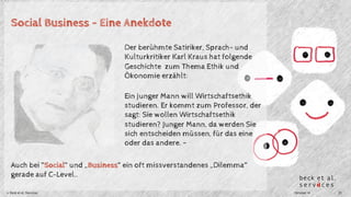 Social Business – Eine Anekdote 
Der berühmte Satiriker, Sprach- und 
Kulturkritiker Karl Kraus hat folgende 
Geschichte zum Thema Ethik und 
Ökonomie erzählt: 
Ein junger Mann will Wirtschaftsethik 
studieren. Er kommt zum Professor, der 
sagt: Sie wollen Wirtschaftsethik 
studieren? Junger Mann, da werden Sie 
sich entscheiden müssen, für das eine 
oder das andere. – 
Auch bei “Social“ und „Business“ ein oft missverstandenes „Dilemma“ 
gerade auf C-Level.. 
© Beck et al. Services Oktober 14 23 

