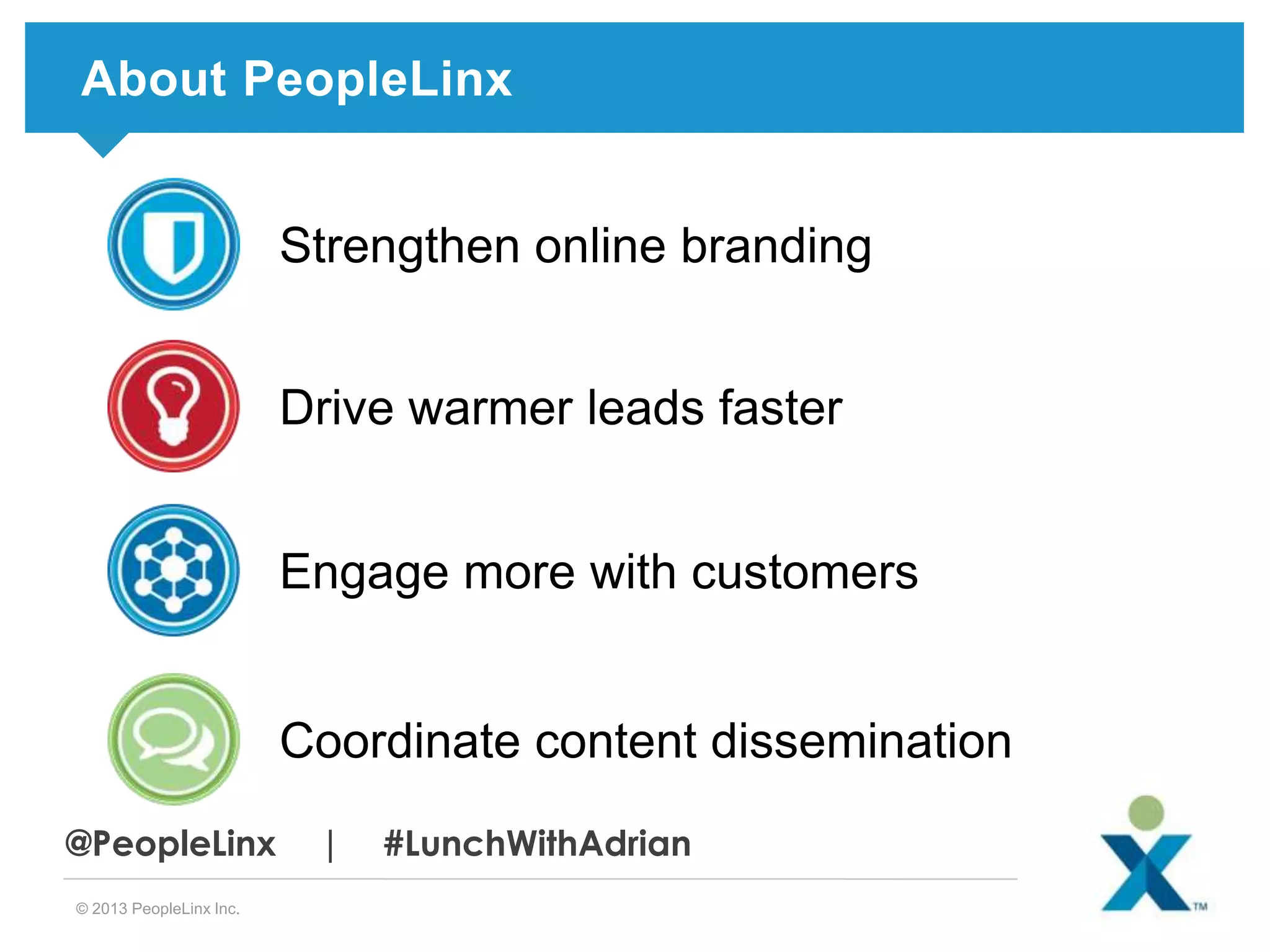 About PeopleLinx
Strengthen online branding
Drive warmer leads faster
Engage more with customers

Coordinate content dissemination
@PeopleLinx
© 2013 PeopleLinx Inc.

|

#LunchWithAdrian

 