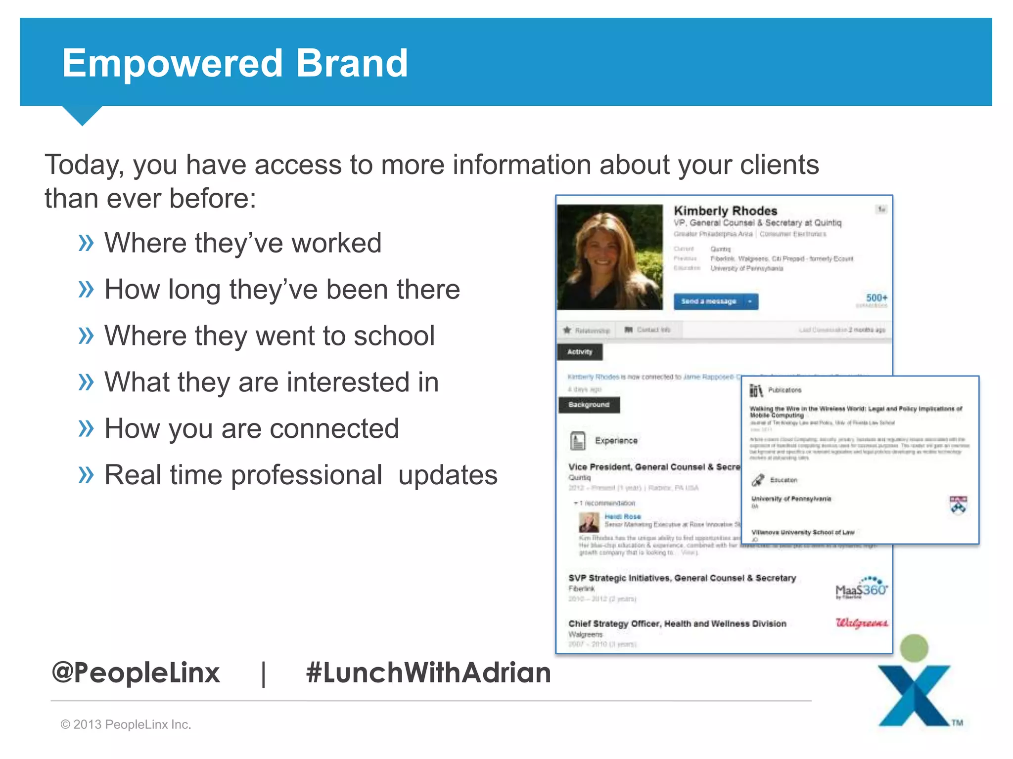 Empowered Brand
Today, you have access to more information about your clients
than ever before:

» Where they’ve worked
» How long they’ve been there
» Where they went to school
» What they are interested in
» How you are connected
» Real time professional updates

@PeopleLinx
© 2013 PeopleLinx Inc.

|

#LunchWithAdrian

 