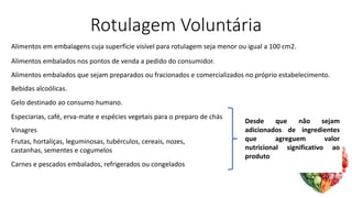 Rotulagem Voluntária
Alimentos em embalagens cuja superfície visível para rotulagem seja menor ou igual a 100 cm2.
Alimentos embalados nos pontos de venda a pedido do consumidor.
Alimentos embalados que sejam preparados ou fracionados e comercializados no próprio estabelecimento.
Bebidas alcoólicas.
Gelo destinado ao consumo humano.
Especiarias, café, erva-mate e espécies vegetais para o preparo de chás
Vinagres
Frutas, hortaliças, leguminosas, tubérculos, cereais, nozes,
castanhas, sementes e cogumelos
Carnes e pescados embalados, refrigerados ou congelados
Desde que não sejam
adicionados de ingredientes
que agreguem valor
nutricional significativo ao
produto
 