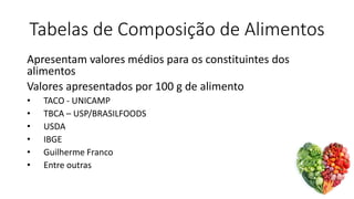 Tabelas de Composição de Alimentos
Apresentam valores médios para os constituintes dos
alimentos
Valores apresentados por 100 g de alimento
• TACO - UNICAMP
• TBCA – USP/BRASILFOODS
• USDA
• IBGE
• Guilherme Franco
• Entre outras
 