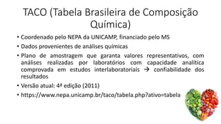 TACO (Tabela Brasileira de Composição
Química)
• Coordenado pelo NEPA da UNICAMP, financiado pelo MS
• Dados provenientes de análises químicas
• Plano de amostragem que garanta valores representativos, com
análises realizadas por laboratórios com capacidade analítica
comprovada em estudos interlaboratoriais → confiabilidade dos
resultados
• Versão atual: 4ª edição (2011)
• https://www.nepa.unicamp.br/taco/tabela.php?ativo=tabela
 
