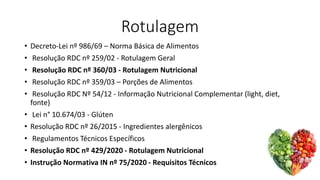 Rotulagem
• Decreto-Lei nº 986/69 – Norma Básica de Alimentos
• Resolução RDC nº 259/02 - Rotulagem Geral
• Resolução RDC nº 360/03 - Rotulagem Nutricional
• Resolução RDC nº 359/03 – Porções de Alimentos
• Resolução RDC Nº 54/12 - Informação Nutricional Complementar (light, diet,
fonte)
• Lei n° 10.674/03 - Glúten
• Resolução RDC nº 26/2015 - Ingredientes alergênicos
• Regulamentos Técnicos Específicos
• Resolução RDC nº 429/2020 - Rotulagem Nutricional
• Instrução Normativa IN nº 75/2020 - Requisitos Técnicos
 