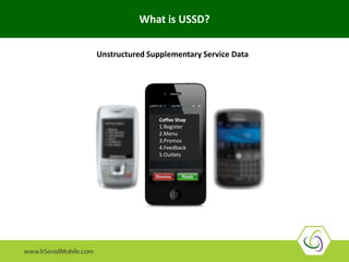 What is USSD?
Unstructured Supplementary Service Data
Coffee Shop
1.Register
2. Menu
3.Promos
4.Feedback
5.Outlets
Coffee Shop
1.Register
2.Menu
3.Promos
4.Feedback
5.Outlets
 