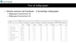 Test af målgrupper
• Samme annonce på Facebook – 2 forskellige målgrupper
– Målgruppe A konverterer 2%
– Målgruppe B konverterer 4%
 