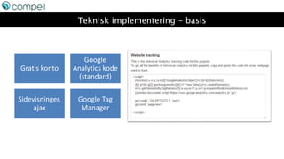 Teknisk implementering - basis
Gratis konto
Google
Analytics kode
(standard)
Sidevisninger,
ajax
Google Tag
Manager
 