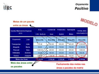 Metas de um pacote
entre as áreas
Meta das áreas entre
os pacotes
Fechamento das metas nas
áreas e pacotes da matriz
Orçamento
Positivo
 