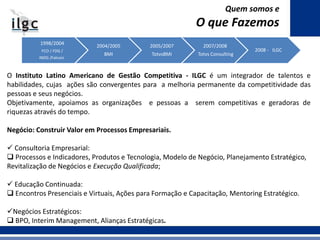 O Instituto Latino Americano de Gestão Competitiva - ILGC é um integrador de talentos e
habilidades, cujas ações são convergentes para a melhoria permanente da competitividade das
pessoas e seus negócios.
Objetivamente, apoiamos as organizações e pessoas a serem competitivas e geradoras de
riquezas através do tempo.
Negócio: Construir Valor em Processos Empresariais.
 Consultoria Empresarial:
 Processos e Indicadores, Produtos e Tecnologia, Modelo de Negócio, Planejamento Estratégico,
Revitalização de Negócios e Execução Qualificada;
 Educação Continuada:
 Encontros Presenciais e Virtuais, Ações para Formação e Capacitação, Mentoring Estratégico.
Negócios Estratégicos:
 BPO, Interim Management, Alianças Estratégicas.
Quem somos e
O que Fazemos
1998/2004
FCO / FDG /
INDG /Falconi
2004/2005
BMI
2005/2007
TotvsBMI
2007/2008
Totvs Consulting
2008 - ILGC
 