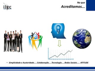 No que
Acreditamos...
• Simplicidade e Austeridade.....Colaboração.....Tecnologia.....Redes Sociais..... ATITUDE
 