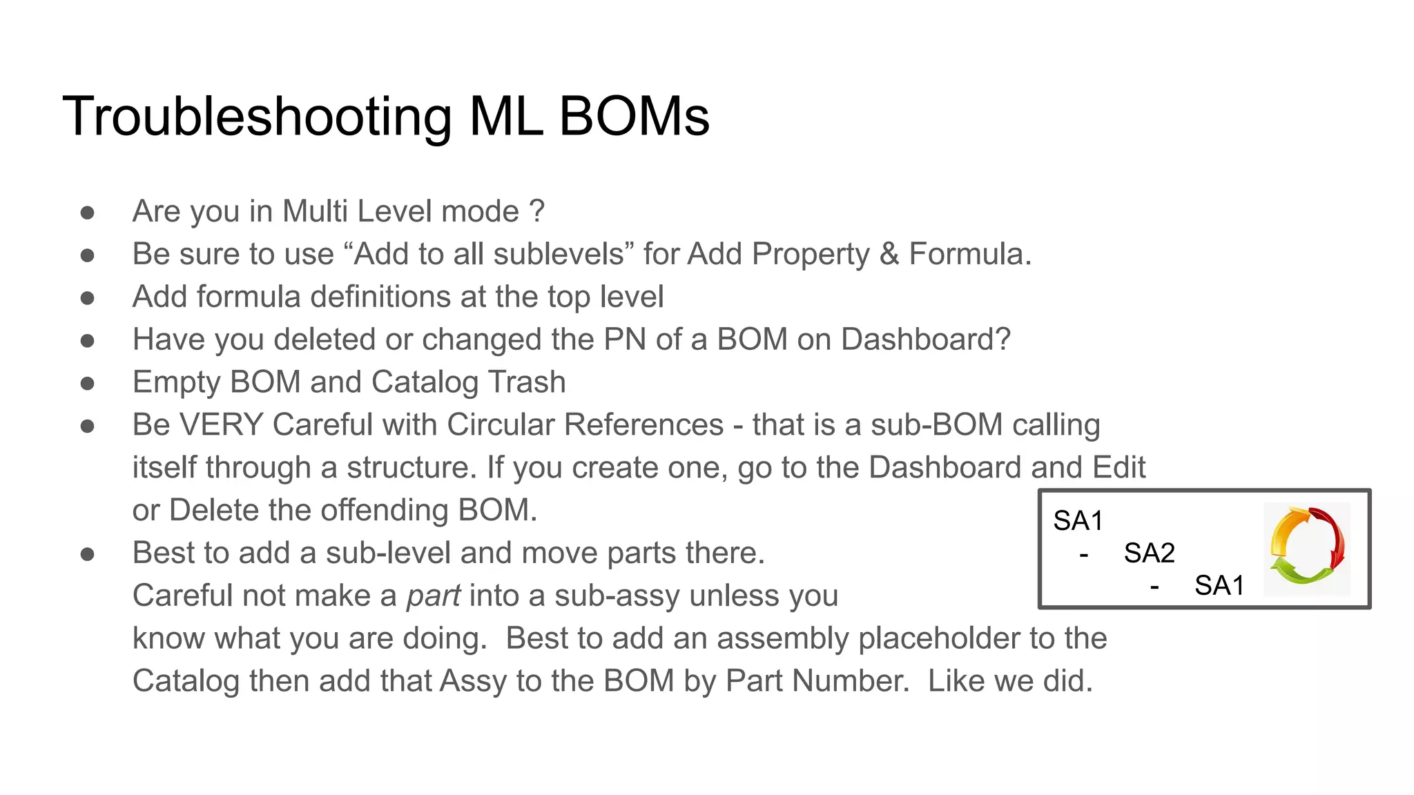 Troubleshooting ML BOMs
● Are you in Multi Level mode ?
● Be sure to use “Add to all sublevels” for Add Property & Formula.
● Add formula definitions at the top level
● Have you deleted or changed the PN of a BOM on Dashboard?
● Empty BOM and Catalog Trash
● Be VERY Careful with Circular References - that is a sub-BOM calling
itself through a structure. If you create one, go to the Dashboard and Edit
or Delete the offending BOM.
● Best to add a sub-level and move parts there.
Careful not make a part into a sub-assy unless you
know what you are doing. Best to add an assembly placeholder to the
Catalog then add that Assy to the BOM by Part Number. Like we did.
SA1
- SA2
- SA1
 