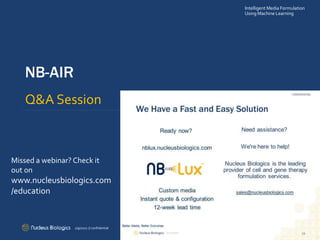 23
NB-AIR
Q&A Session
23
Intelligent Media Formulation
Using Machine Learning
Missed a webinar? Check it
out on
www.nucleusbiologics.com
/education
2/9/2021 // confidential
 