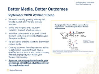 7
Better Media, Better Outcomes
September 2020 Webinar Recap
• We are in a rapidly growing industry and
time to market is key for any therapy
provider
• Media and reagents are a source of
variability that will affect outcomes
• Individual components in your cell culture
medium can have a profound affect on your
therapeutic efficacy
• NB-Lux solves the long lead time dilemma of
custom media
• Creating your own formula gives you: ability
to optimize at ingredient level, have a
qualified second source, and create company
intellectual property that makes your
therapy more unique
• If you are not using optimized media, you
are losing a competitive advantage in your
therapy development
Intelligent Media Formulation
Using Machine Learning
 