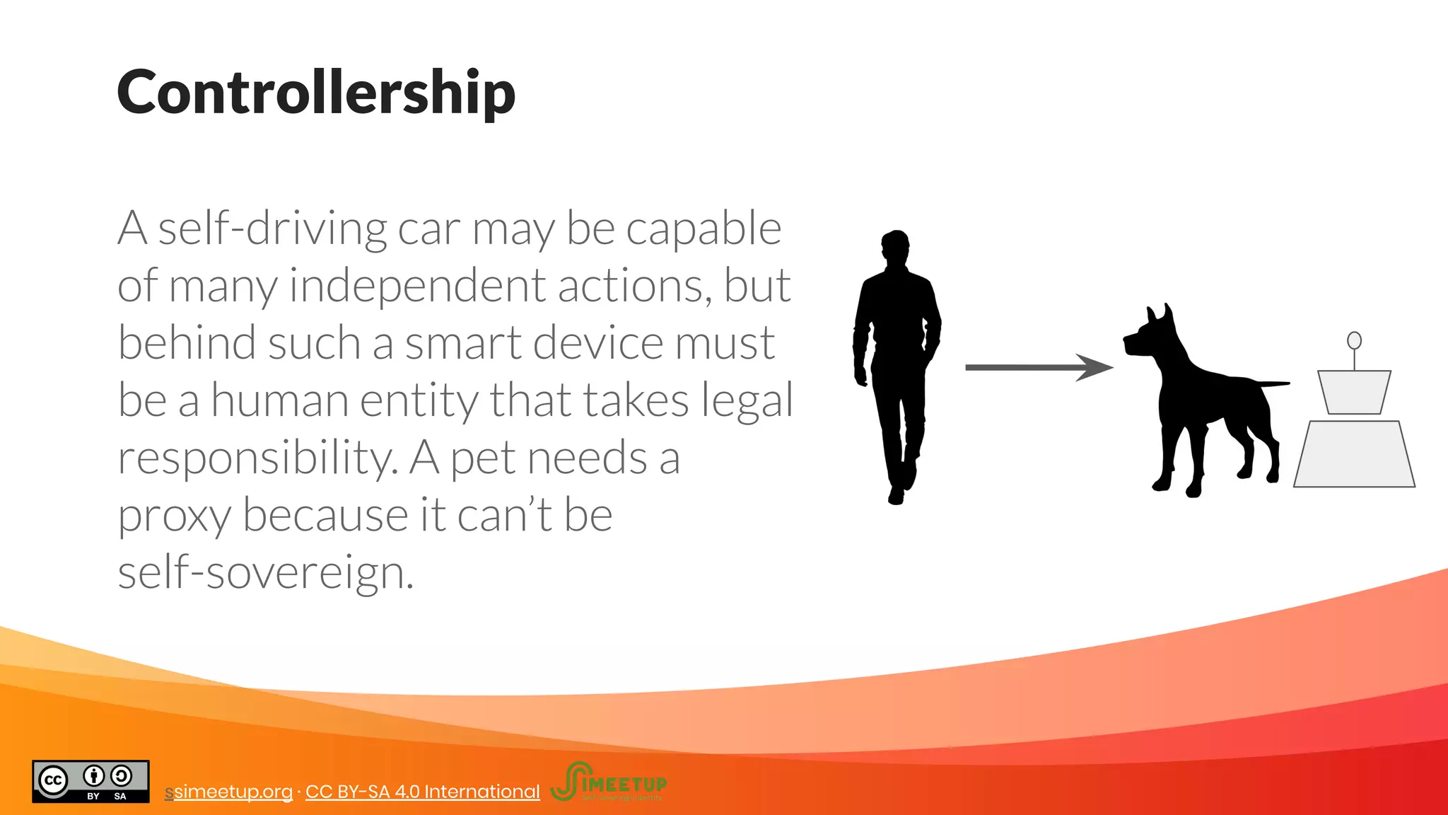 Controllership
A self-driving car may be capable
of many independent actions, but
behind such a smart device must
be a human entity that takes legal
responsibility. A pet needs a
proxy because it can’t be
self-sovereign.
ssimeetup.org · CC BY-SA 4.0 International
 