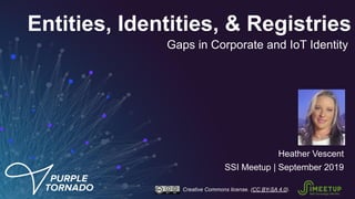 Entities, Identities, & Registries
Heather Vescent
SSI Meetup | September 2019
Gaps in Corporate and IoT Identity
Creative Commons license. (CC BY-SA 4.0).
 