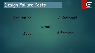 Design Failure Costs
Reputation
A Fortune
Jobs
A Company!
Lives!
 